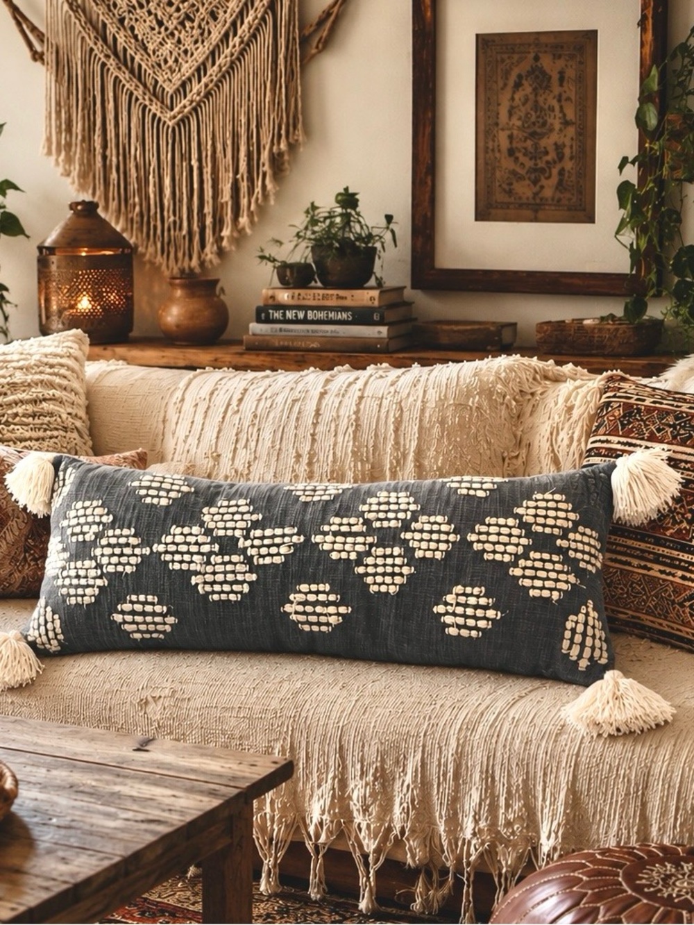 Long Decorative Throw Pillow in Charcoal with Cream Tassels